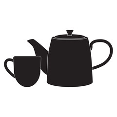 Black steam teapot and cup for tea and hot drinks icon on a white background isolate. Vector silhouette for advertising banners, business cards, packaging.