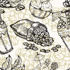 Hand drawn vector seamless pattern with coffee beans, cup,  glass, bag