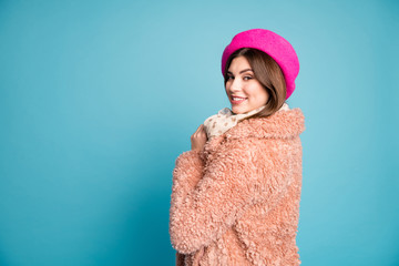 Profile side view portrait of her she nice-looking attractive fashionable cheerful cheery girl wearing spring collection isolated on bright vivid shine vibrant green blue turquoise color background