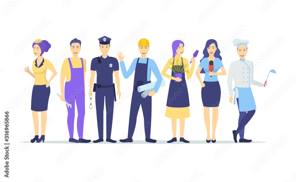Poster cartoon color different characters professions set. vector
