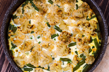 meat casserole with broccoli in a round dish