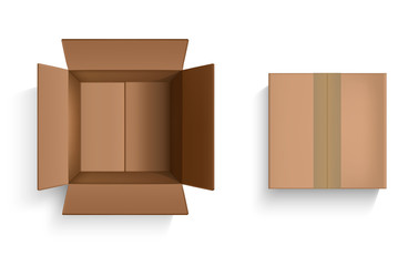 Realistic Detailed 3d Brown Blank Cardboard Box Top View Template Mockup Set. Vector