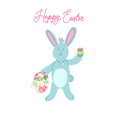 A cute Easter bunny with  a wicker basket full of easter eggs. Hand drawn vector illustration isolated on white background. Happy Easter lettering.