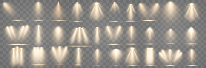 Set of golden spotlight isolated on transparent background. Glowing light effect with gold rays and beams. Scene floodlight spotlight stage beam. - obrazy, fototapety, plakaty