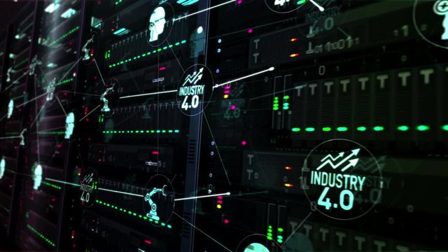 Futuristic datacenter and industry 4.0, innovation, cyber technology, business, automate, artificial intelligence symbols. Modern servers room digital seamless loopable 3d rendering concept animation.