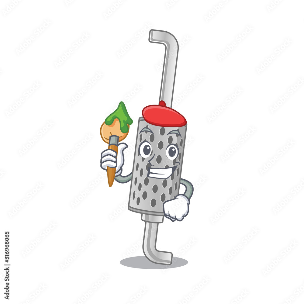 Sticker cartoon character of exhaust pipe artist with a brush