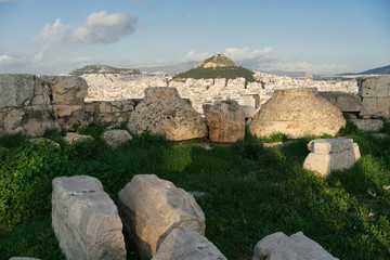 Athens, Greece - Dec 20, 2019: The view from Acropolis to Lykavittos hill and the town