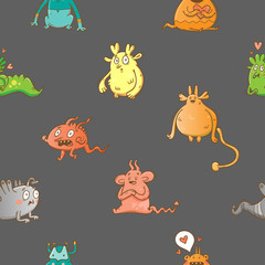 Vector seamless pattern with monsters on dark background. Cute cartoon fantastic animals. Doodle style. Contour colorful imagel.