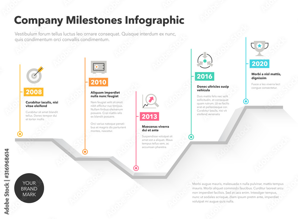 Poster Company milestones timeline template with colorful pointers on a dramatic looking curve. Easy to use for your website or presentation.
