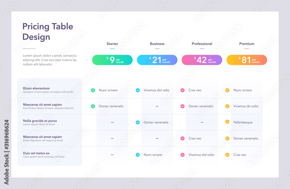 Poster Modern pricing table design with four colorful subscription plans. Flat infographic design template for website or presentation.