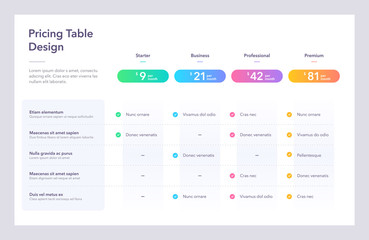 Fototapeta na wymiar Modern pricing table design with four colorful subscription plans. Flat infographic design template for website or presentation.