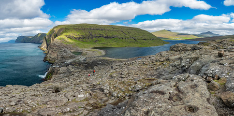 Bosdalafossur waterfall and coastline huge panorama, Faroe Islands