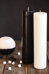 Decorative Handmade sphere and cylinder shape candles. Big black and white gift candles