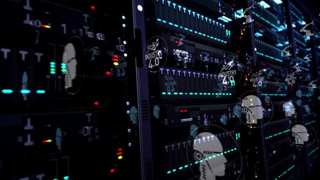 Modern servers room symbols of industry 4.0, innovation, cyber technology, business, automate production and artificial intelligence. Futuristic digital loop, seamless 3d rendering concept animation.