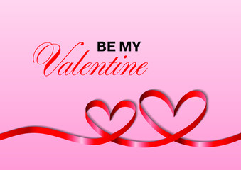 Be My Valentine banner, flyer, poster, voucher, greeting or invitation card template. Two hearts from red ribbon on pink background.