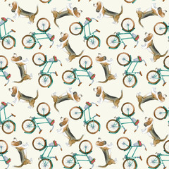 Funny watercolor seamless pattern with basset hound dogs and turquoise retro bikes on a light background