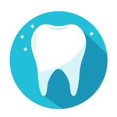 shiny healthy tooth in blue circle. dentistry concept vector Illustration. clean tooth with star.