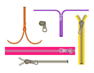 Set fashion Elements. Basic Plastic Zipper. Open and closed lock. Repeating element. fastener vector. zipper for cloth isolated on white background. © kornetka