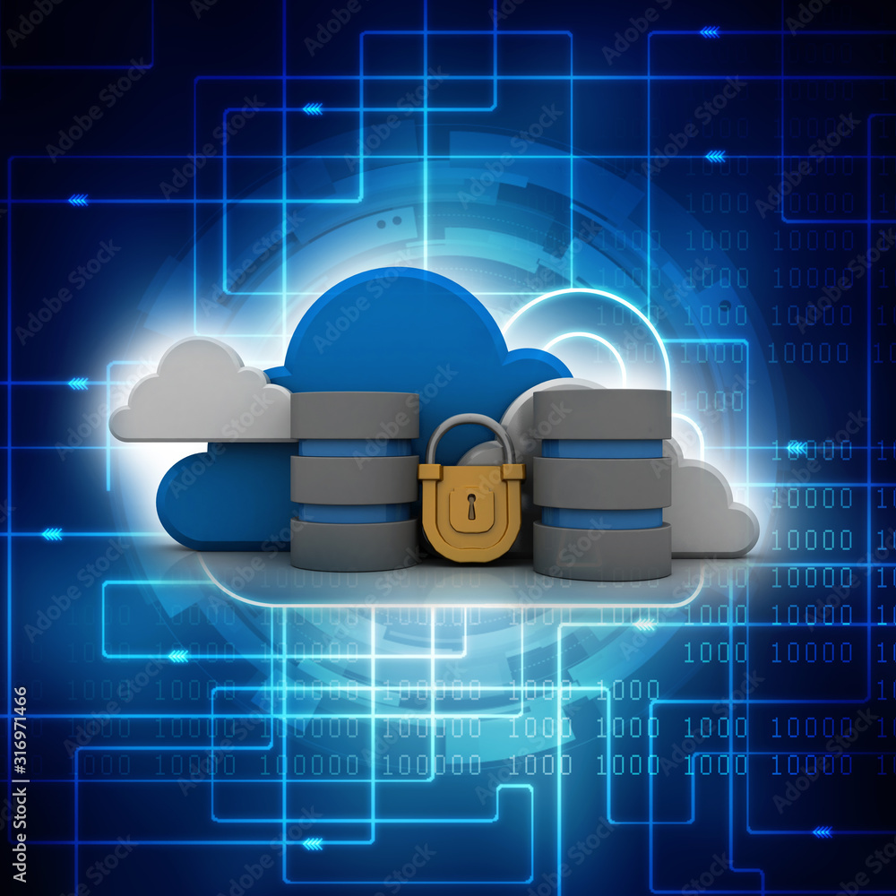 Poster 3d illustration database storage security concept. disk with lock