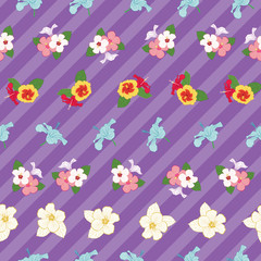 Colorful hibiscus seamless pattern on purple diagonal stripes