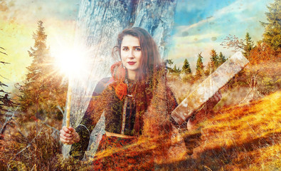beautiful shamanic girl playing on shaman frame drum in the nature. Computer collage and painting...