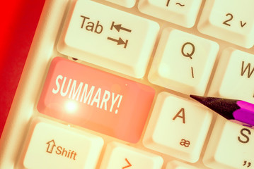 Text sign showing Summary. Business photo text a brief statement or account of the main points of...