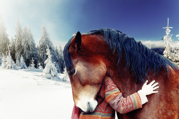 Portrait woman and horse in outdoor. Woman hugging a horse.