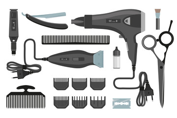 Hairdresser set. Barber tools set. Hair instruments. Fashion proffessional tools. Equipment of hairdresser. Woman accessory. Barbershop tools. Hairdressing. Beauty salon. Barber design elements