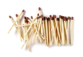 Pile of matches, matchsticks isolated on white background, top view