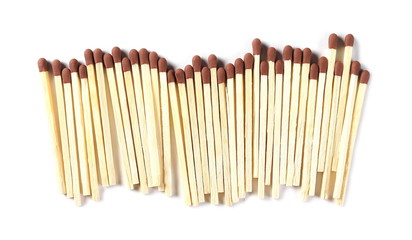 Pile of matches, matchsticks isolated on white background, top view