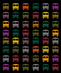 set of bright colored buses on a black background