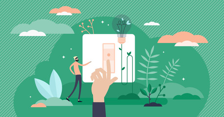 Power saving sustainable development green concept, flat tiny person abstract vector illustration