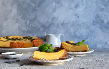 Slice of pumpkin cheesecake with seeds on a concrete gray background. Horizontal focus.