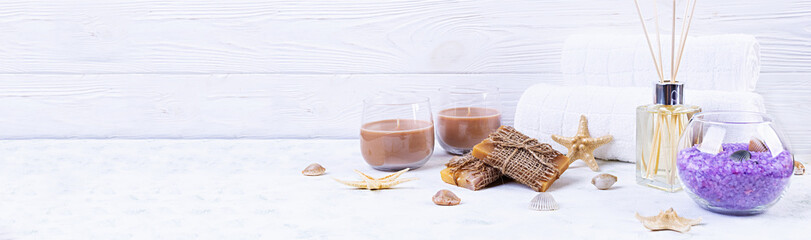 Bathroom accessories. Spa and beauty theatment products. Concept of natural spa cosmetics and organic threatment bodycare. Banner