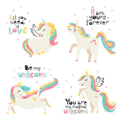 Set of cute posters with magical unicorn
