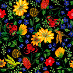 Fototapeta na wymiar Bright flowers, leaves and a bird drawn in gouache. Seamless pattern. Design of fabric, textile, bedding, curtains, wallpaper, background, packaging, covers, wrapping paper.