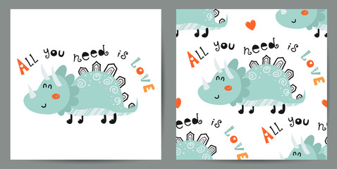 Set of cute poster and seamless pattern with dinosaurs
