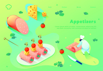 Chef prepares cold appetizers. Colored spots on bright gradients. Web site concept. 
