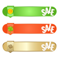 Set of banners for St. Patrick's day with four-leaf clover and coin on white background. Vector image for advertising, web banner, printing.