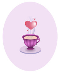 Romantic morning coffee in a pink cup with hearts flowing above
