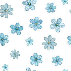 Floral watercolor background. Seamless spring wallpapers with blue flowers