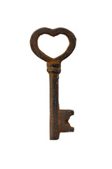 Old rusty vintage key in the shape of a heart, isolated on white background. Love and Valentine's day concept