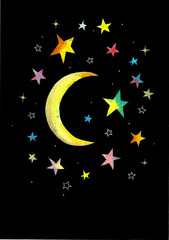 Naklejka premium Moon and stars, watercolor illustration on a black background. Night sky.