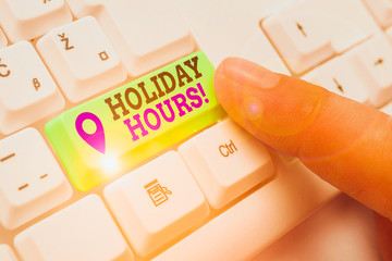 Word writing text Holiday Hours. Business photo showcasing Overtime work on for employees under...