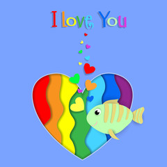 I love you paper cut fish on rainbow heart card