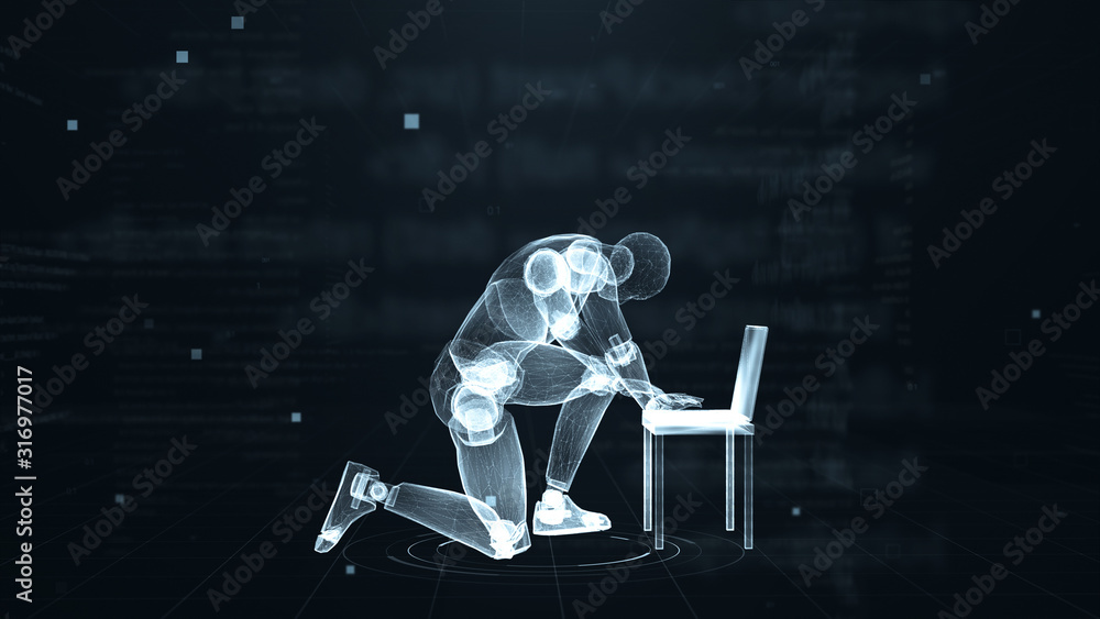 Poster human puppet working on laptop in virtual 3d digital space with futuristic white hud. x-ray scan. si