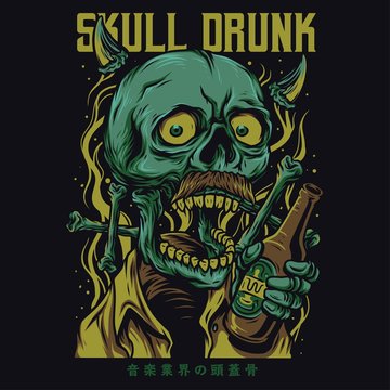 Skull Drunk Cartoon Funny Illustration