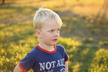 Little boy smiling and posing in a lush field at sunset. Vibrant image of blonde haired caucasion  child happy to be out in nature.