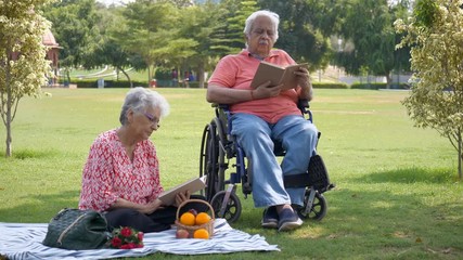 Elderly man and woman happily enjoying their picnic on Valentines's day in India. Retired couple sitting in a park and reading books enjoying their peaceful valentine's picnic date together with h... - Powered by Adobe