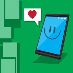 Smartphone message heart smile emotion on green isolated background. Vector image.
